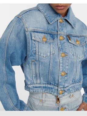 Balmain Light Blue Cropped Denim Jacket with Gold Buttons